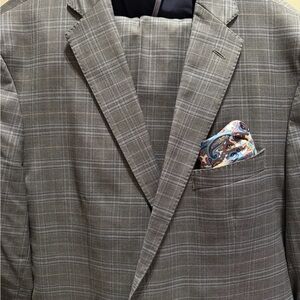 Cole Haan Gray Plaid Blazer with Paisley Pocket Square